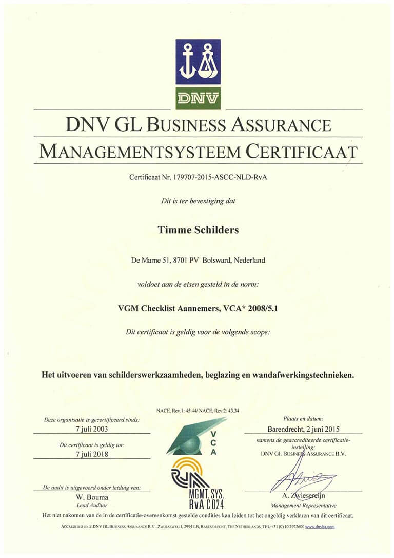 Timme Schilders DNV GL Business assurance managementsysteem certificaat