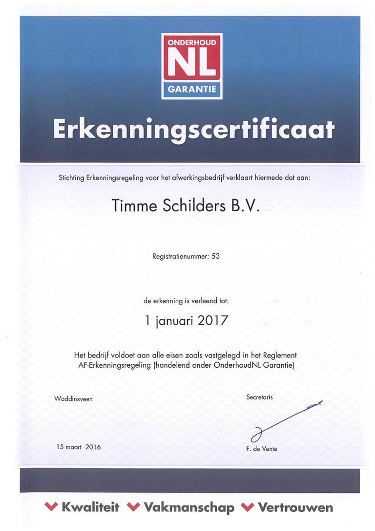 Timme Schilders onderhoud NL garantie erkenningscertificaat